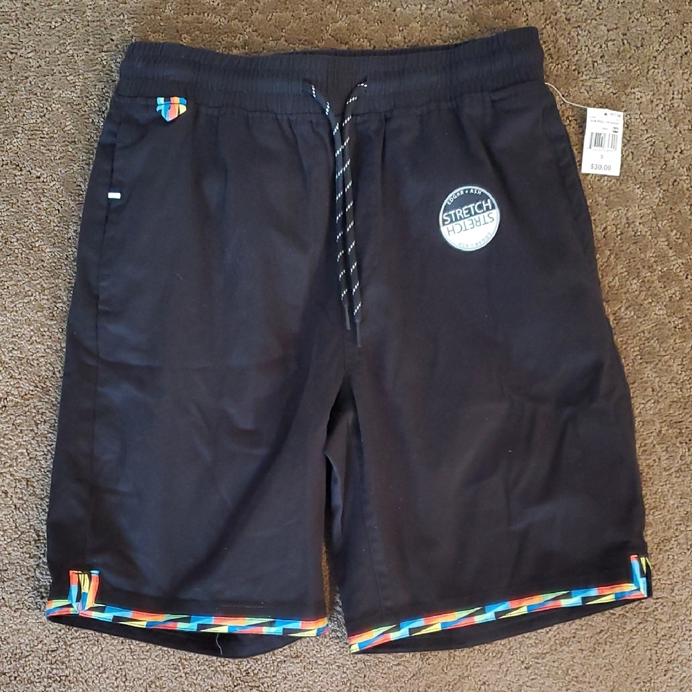 Mens Edgar + Ash Black Pull On Cotton Twill Shorts w Colorful Trim Size S XL NWT